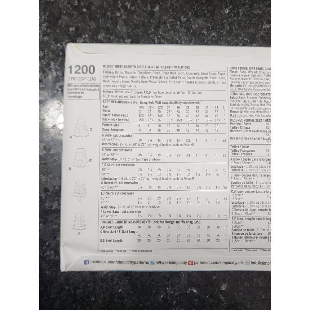 Simplicity Sewing Pattern 1200 R5, Uncut, 5 Skirt Patterns - Picture 4 of 4